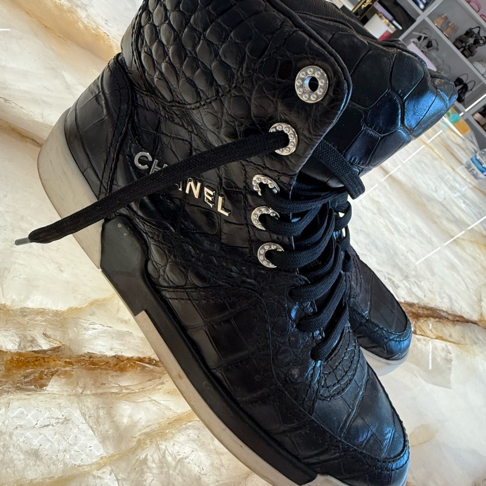 Chanel Black Croc-Embossed High-Top Sneakers